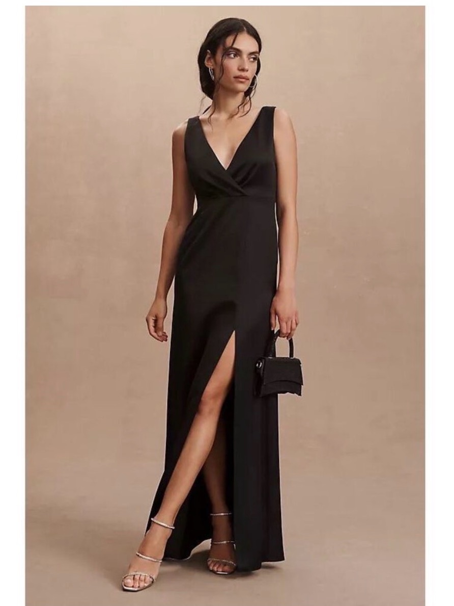 Bhldn Nwt Black V-Neck Satin Dress With Front Slit - Size 6